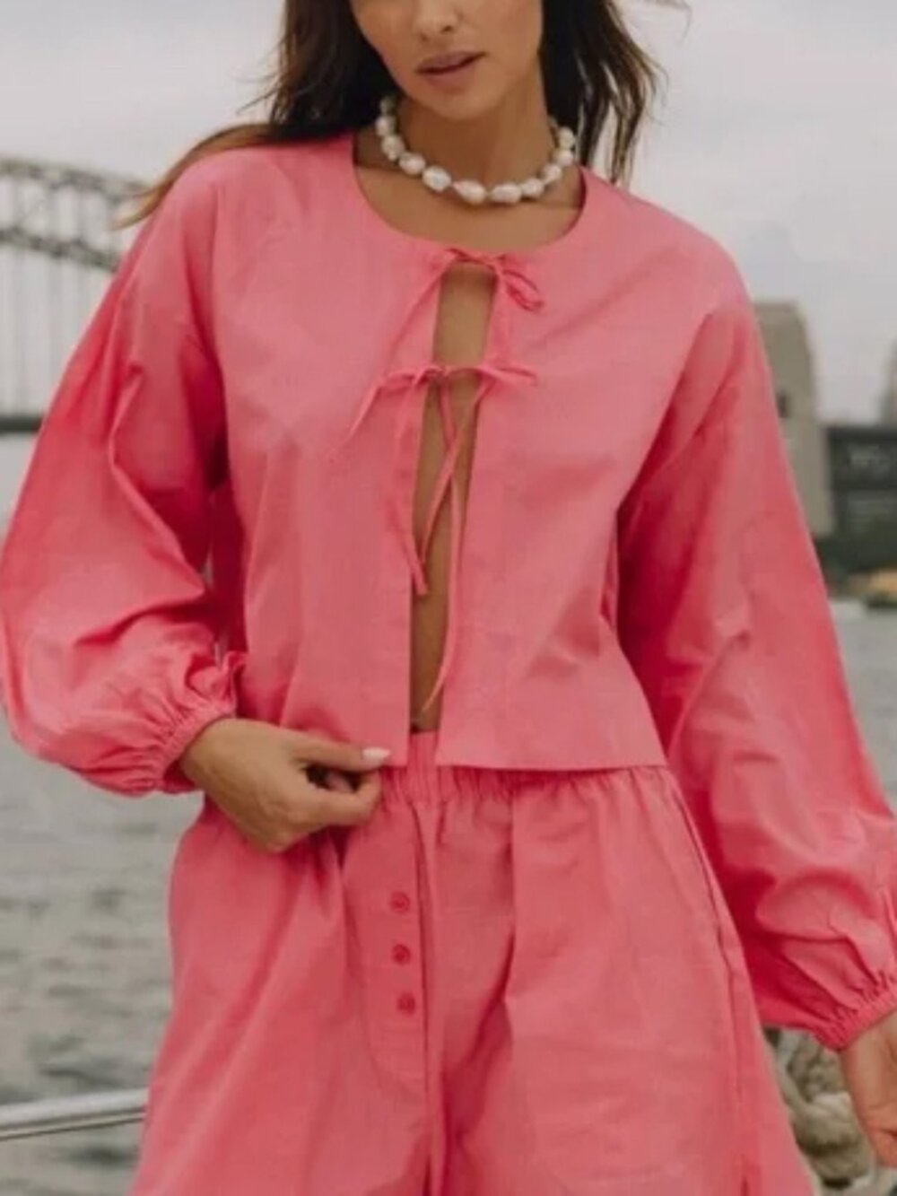 Daily Drills Poplin Tie front bows Top long balloon sleeve Pucker M/L